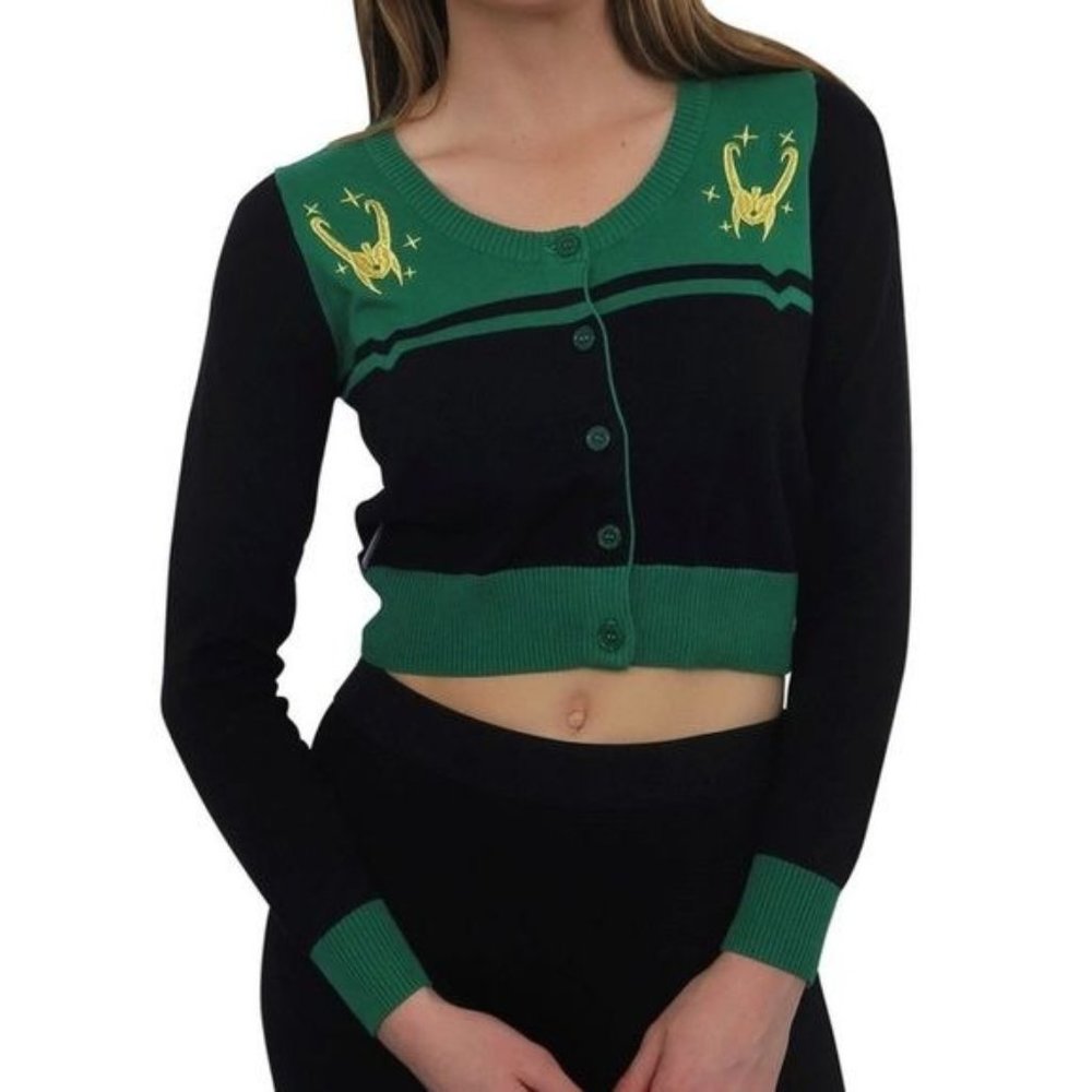 Marvel Cardigan Green Medium Black Loki Crop Button